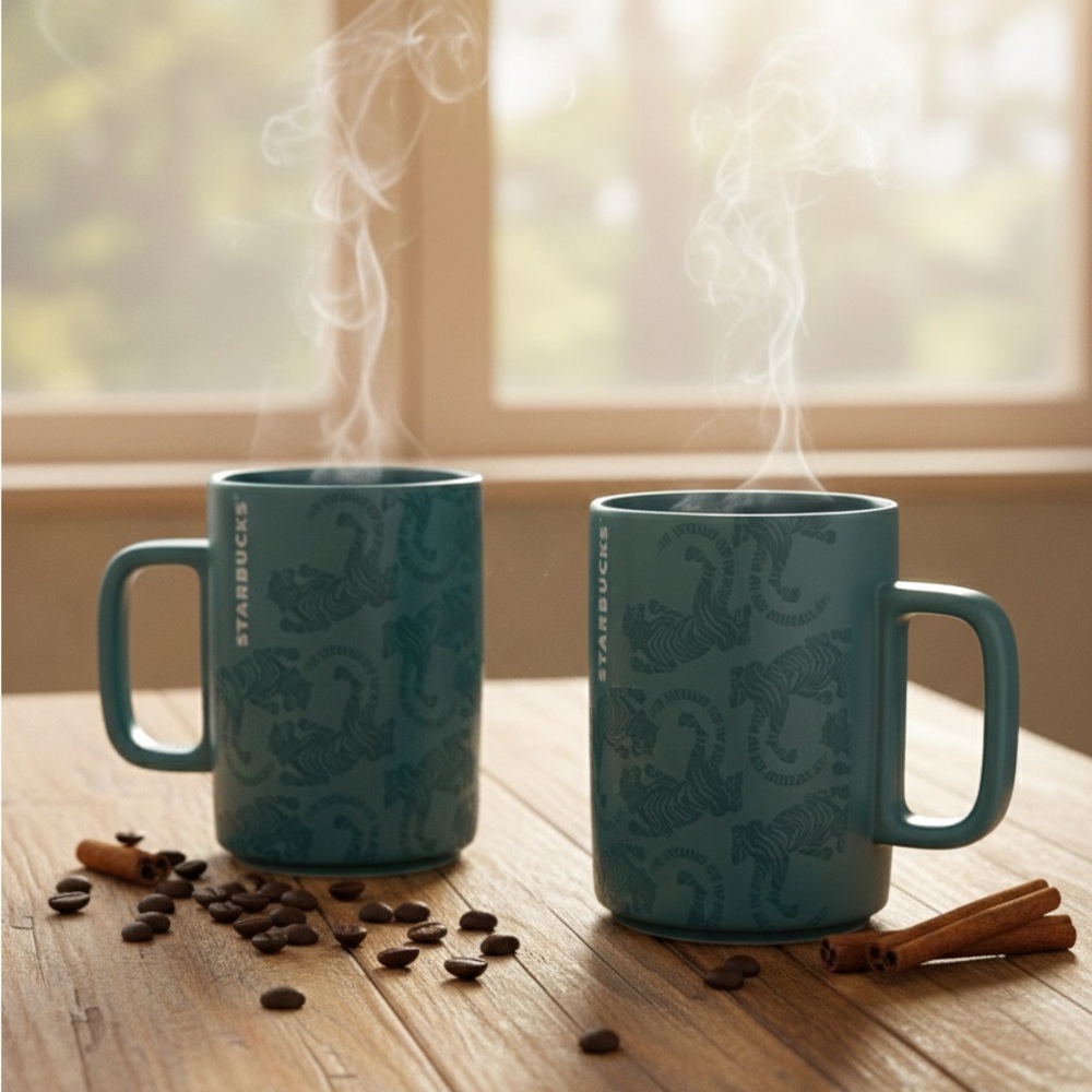 Starbucks Sumatra Tiger Mugs Teal Blue Green Embossed 12oz Retired Set of 2